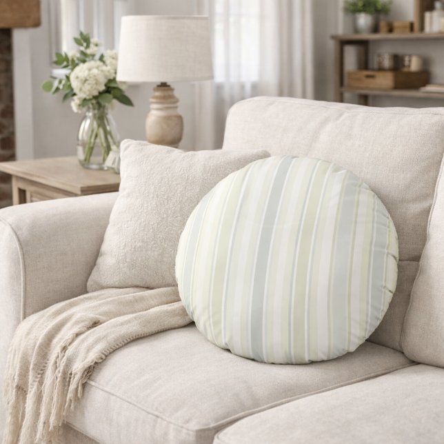 Neutral Dusty Blue Striped | Rustic Farmhouse Round Cushion (Creator Uploaded)