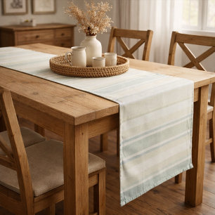 Neutral Dusty Blue Striped   Rustic Farmhouse Short Table Runner