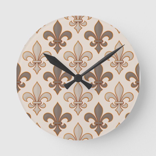 Neutral Earth Royal Fleur-de-lis Style  Round Clock (Front)