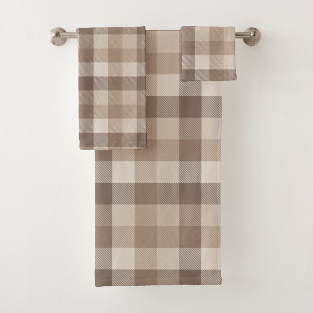 Neutral Earth Tan Chequered Gingham Plaid  Bath Towel Set (Insitu)