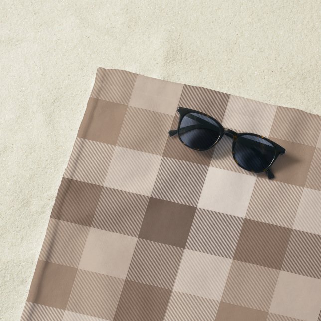 Neutral Earth Tan Chequered Gingham Plaid  Beach Towel (In Situ)