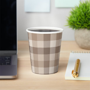 Neutral Earth Tan Chequered Gingham Plaid Paper Cups