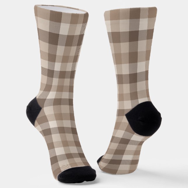 Neutral Earth Tan Chequered Gingham Plaid  Socks (Angled)