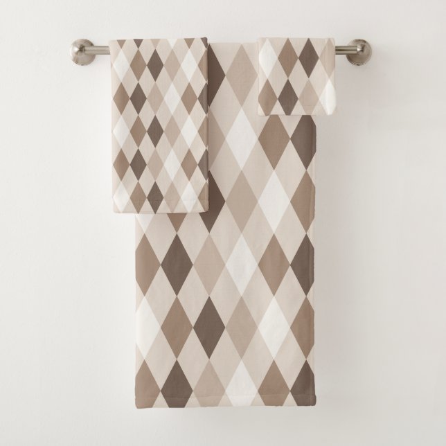 Neutral Earth Tan Harlequin Diamond  Bath Towel Set (Insitu)