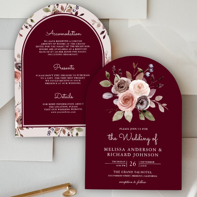 Neutral Earthy Floral All In One Burgundy Wedding Invitation (Creator Uploaded)