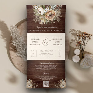 Neutral Earthy Floral Cream Wood QR Code Wedding Tri-Fold Invitation