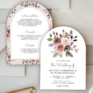 Neutral Earthy Taupe Floral All In One Wedding Invitation