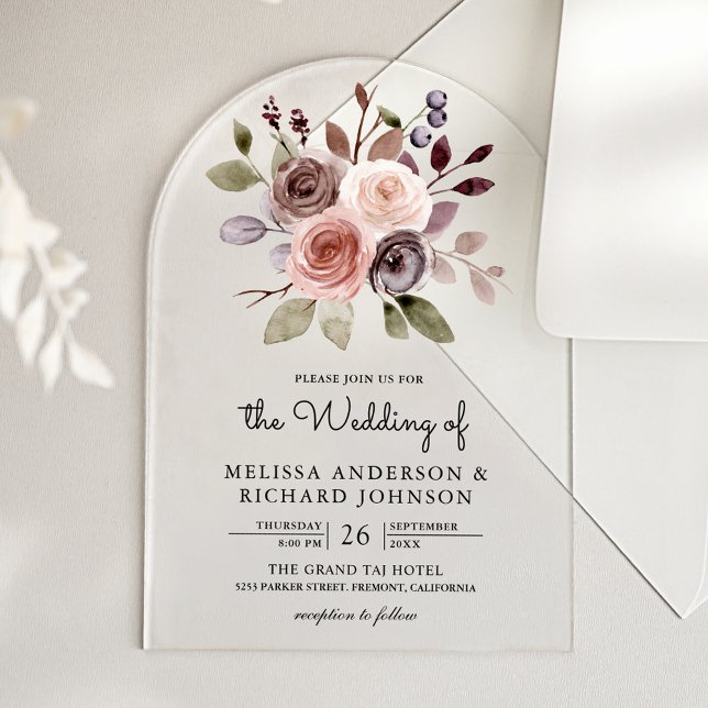 Neutral Earthy Taupe Floral Wedding Acrylic Invitations (Creator Uploaded)