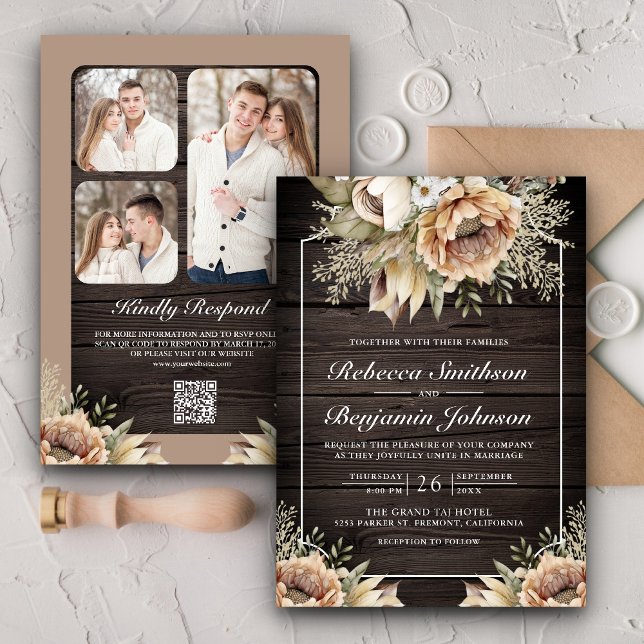 Neutral Earthy Taupe Floral Wood QR Code Wedding Invitation (Creator Uploaded)