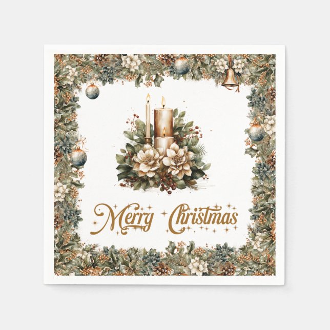 Neutral earthy tones green Christmas gold candle Napkin (Front)