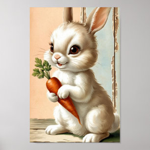 Neutral Easter Bunny & Carrot Art Poster