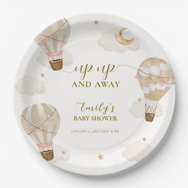 Neutral Elegant Boho Hot Air Balloon Baby Shower  Paper Plate (Front)