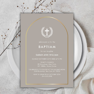 Neutral Elegant Gold Arch Wreath Cross Baptism Invitation