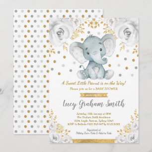 Neutral Elephant Baby Shower Gold Grey Floral Invitation