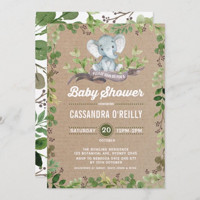 Neutral Elephant Baby Shower Greenery Invitation (Front/Back)