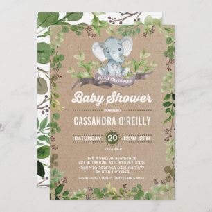 Neutral Elephant Baby Shower Greenery Invitation
