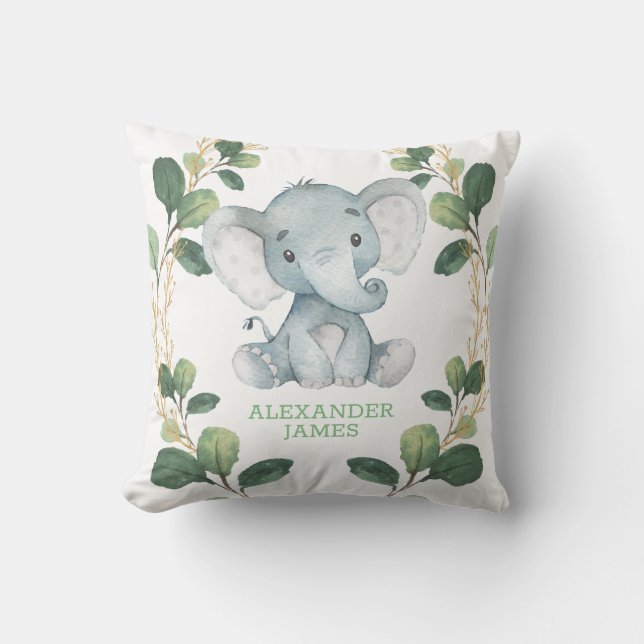Neutral Elephant Greenery Gold Wild Jungle Nursery Cushion (Front)