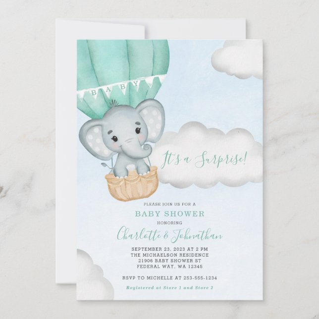 Neutral Elephant Mint Green Baby Shower Invitation (Front)