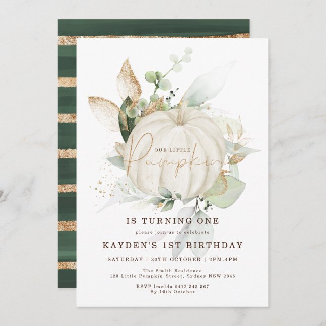 Neutral Eucalyptus Greenery Gold Pumpkin Birthday Invitation (Front/Back)