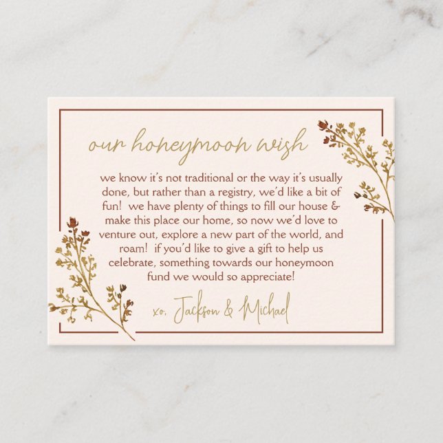 Neutral Fall Foliage Honeymoon Fund Wedding Shower Enclosure Card (Front)