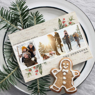 Neutral Farmhouse Greenery Birch Photo Collage Holiday Card