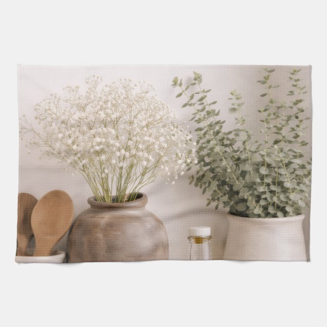 Neutral Farmhouse Kitchen Towel Wildflower Floral (Horizontal)