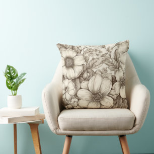 Neutral Farmhouse Sepia Floral Cream Botanical Cushion