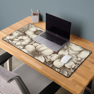 Neutral Farmhouse Sepia Floral Cream Botanical Desk Mat
