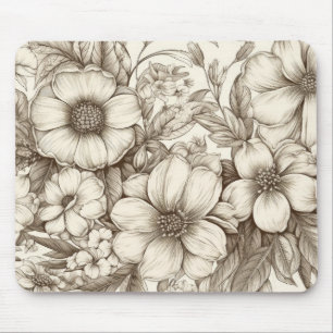 Neutral Farmhouse Sepia Floral Cream Botanical Mouse Pad