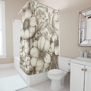 Neutral Farmhouse Sepia Floral Cream Botanical Shower Curtain