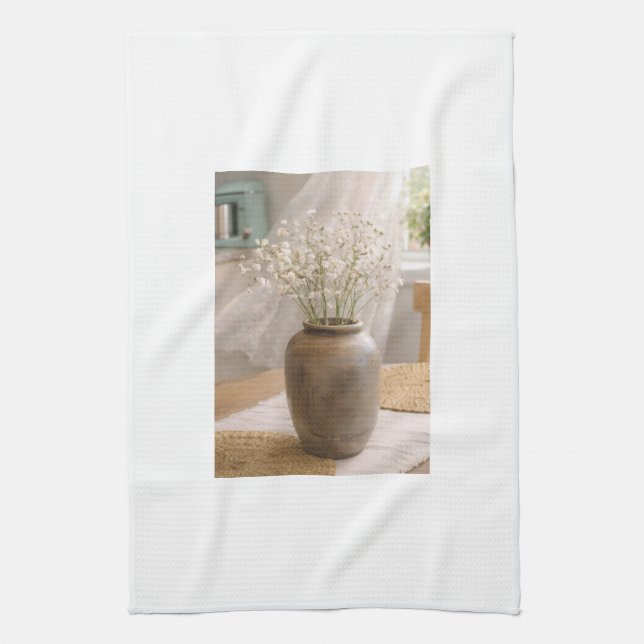 Neutral Farmhouse Wildflower Floral Kitchen Towel (Vertical)