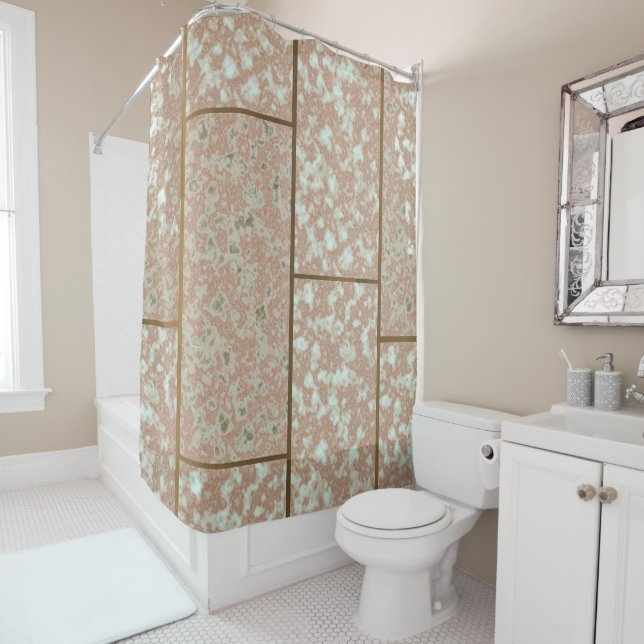 Neutral Faux Pompeii Rose and Green Marble Shower Curtain (In Situ)