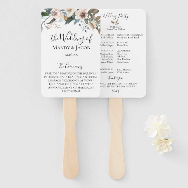 Neutral Floral Bouquet Wedding Program Fans (Front and Back)
