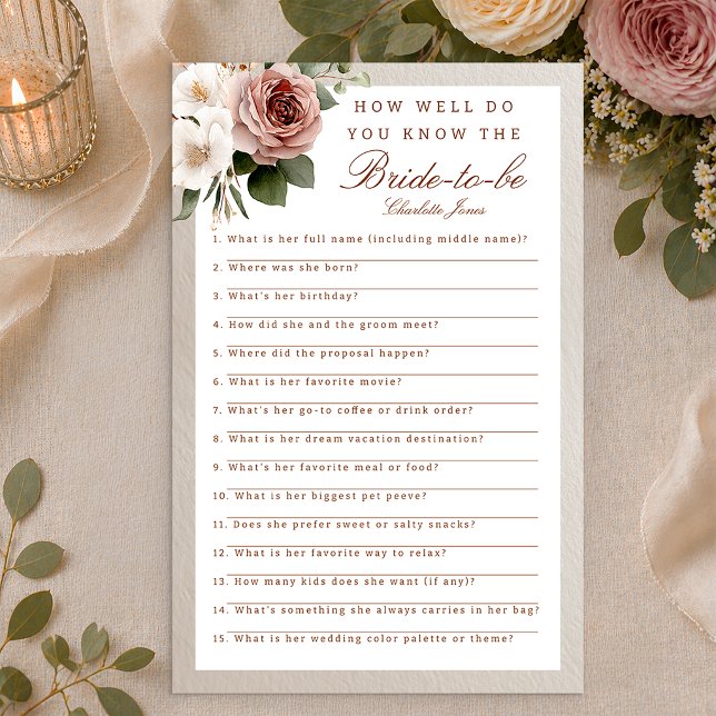 Neutral Floral Bridal Shower Game – Know the Bride (Bridal Shower Card)