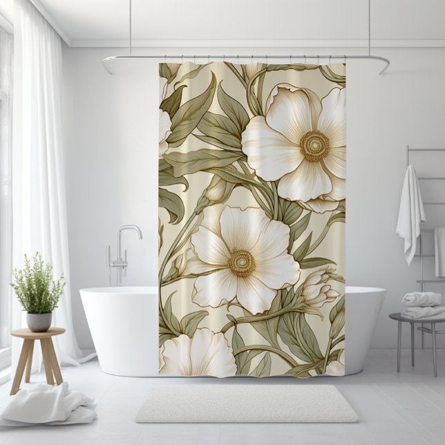 Neutral Floral & Leaves Shower Curtain (William Morris Pimpernel inspired Shower Curtain in neutral beige, white and green leaves)