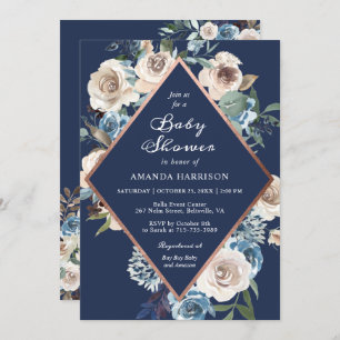 Neutral Floral Navy Blue Rose Gold Baby Shower Invitation