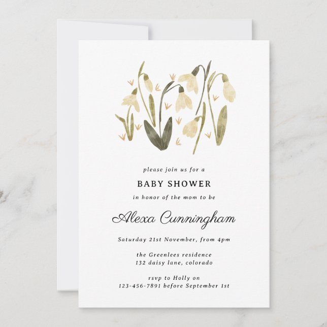 Neutral floral snowdrop beautiful baby shower invitation (Front)