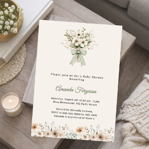 Neutral florals green ivory summer Baby Shower Invitation