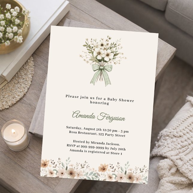 Neutral florals green ivory summer Baby Shower Invitation (Creator Uploaded)