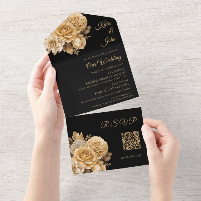 Neutral Flower Bouquet-Wedding QR code- All In One Invitation (Tearaway)