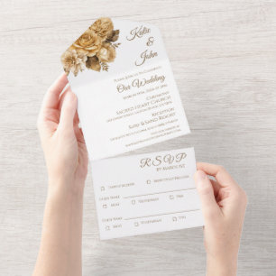 Neutral Flower Bouquet-White Wedding All In One Invitation