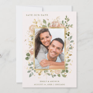Neutral Flowers on Blush Pink Gold Photo Frame Save The Date
