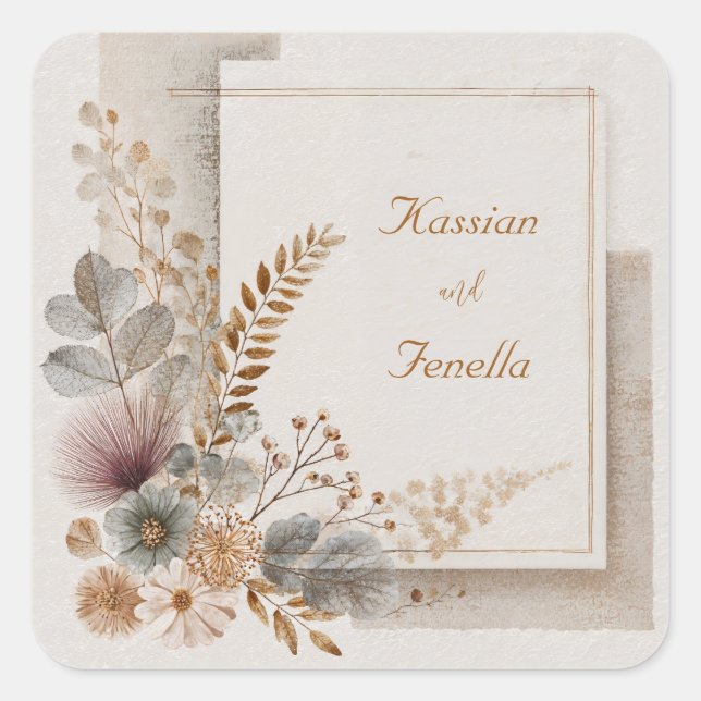 Neutral Folk Art Wildflower Wedding  Square Sticker (Front)