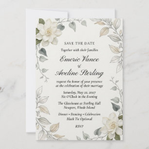 Neutral Gardenias, Watercolor Foliage, Botanical L Invitation