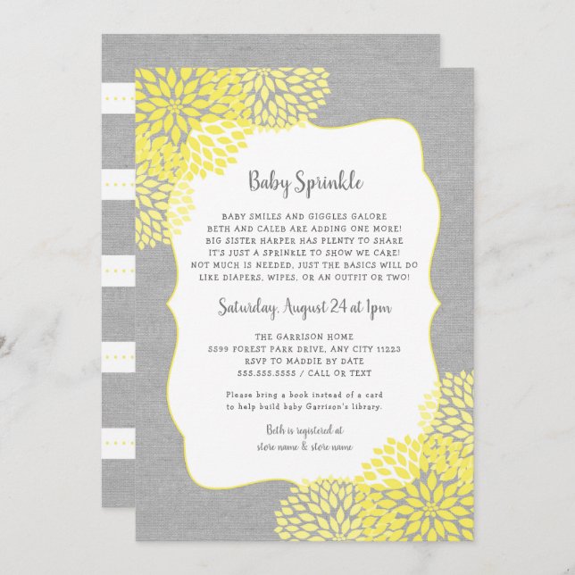 Neutral Gender Baby Sprinkle invite, yellow grey Invitation (Front/Back)