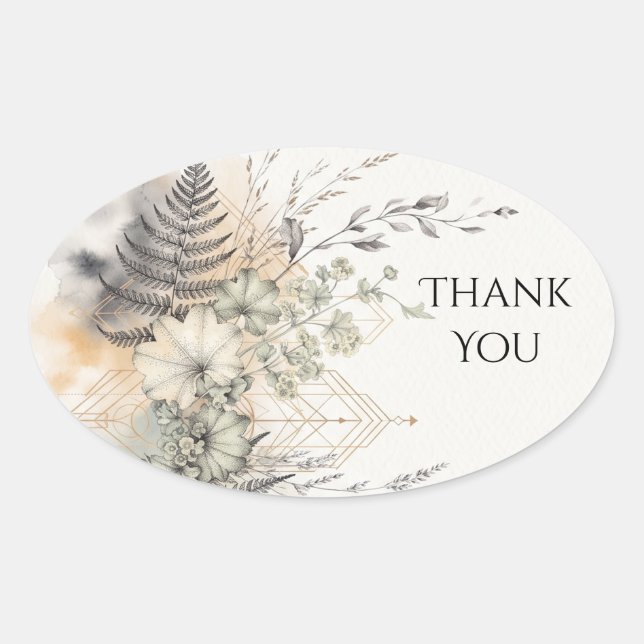 Neutral Geometric Fern Botanical Wedding Thank You Oval Sticker (Front)