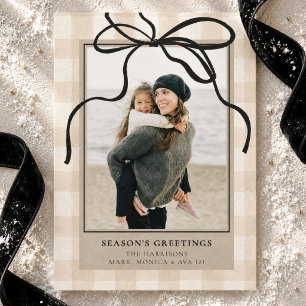 Neutral Gingham Black Bow Family Photo Christmas Holiday Card