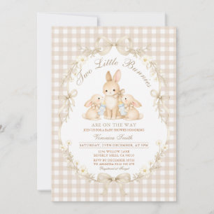Neutral Gingham Bunnies Twins Baby Shower Invitation