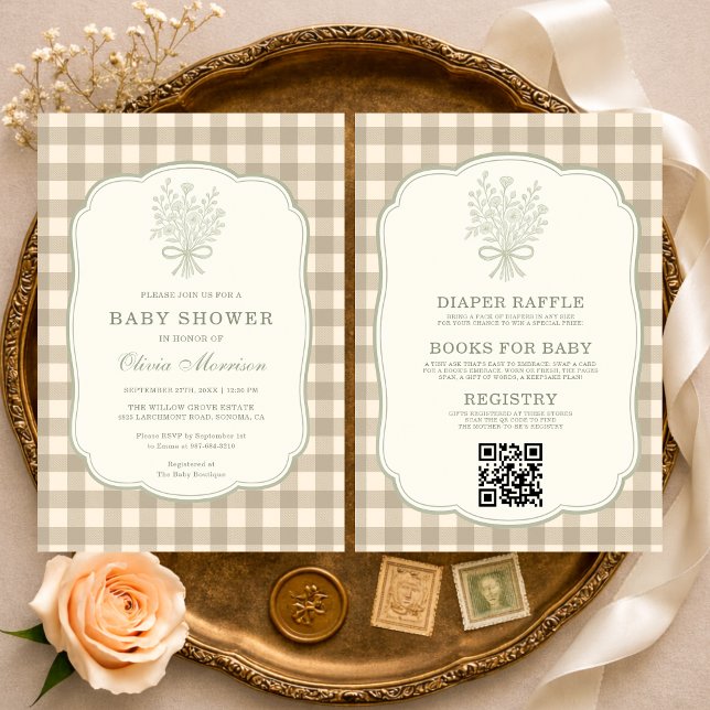 Neutral Gingham Floral Bow All in One Baby Shower Invitation (Creator Uploaded)