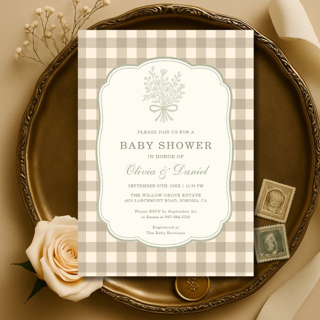 Neutral Gingham Floral Bow Couples Baby Shower Invitation (Creator Uploaded)